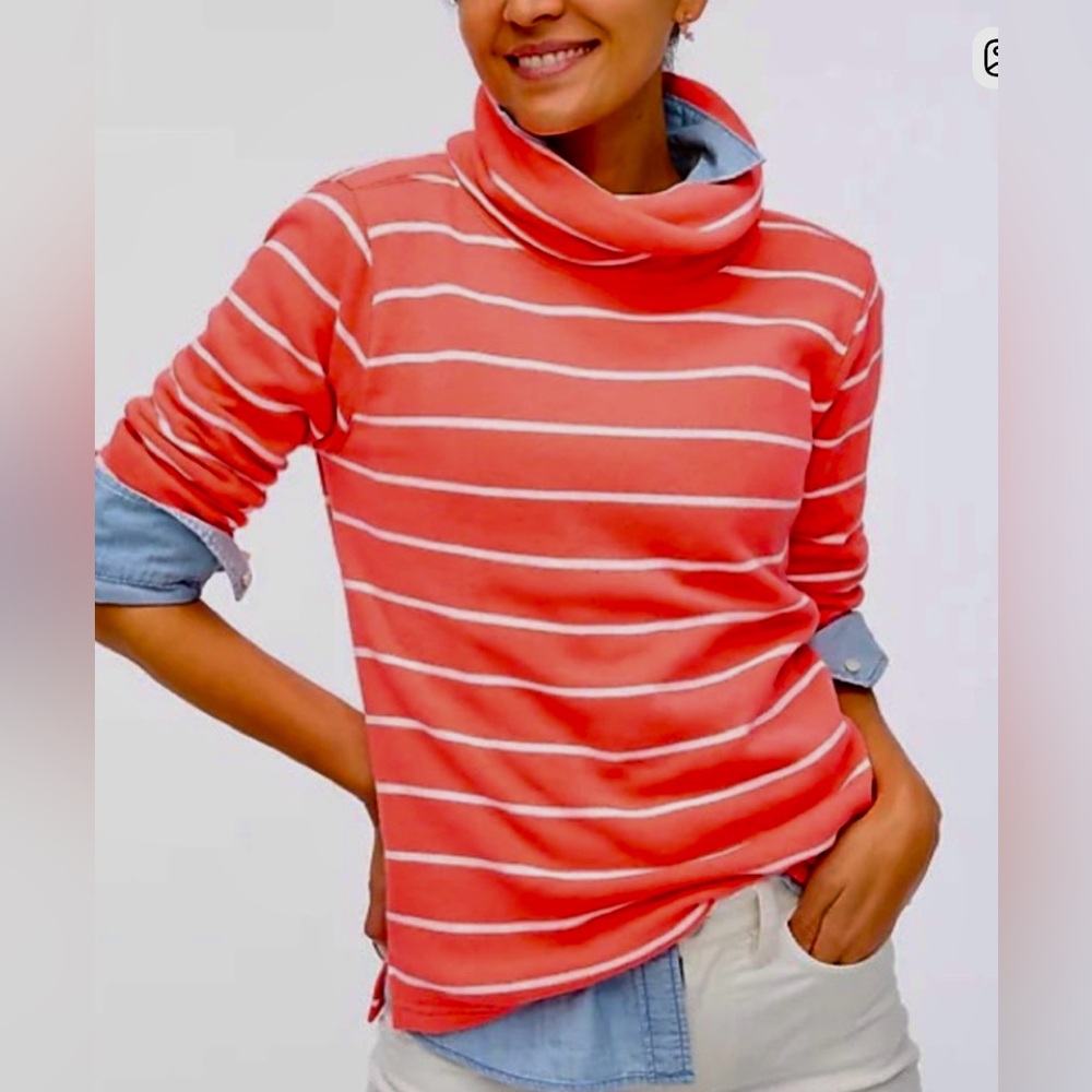 * J Crew Factory Preppy Coral White Stripe Cowl Neck Sweatshirt Top *